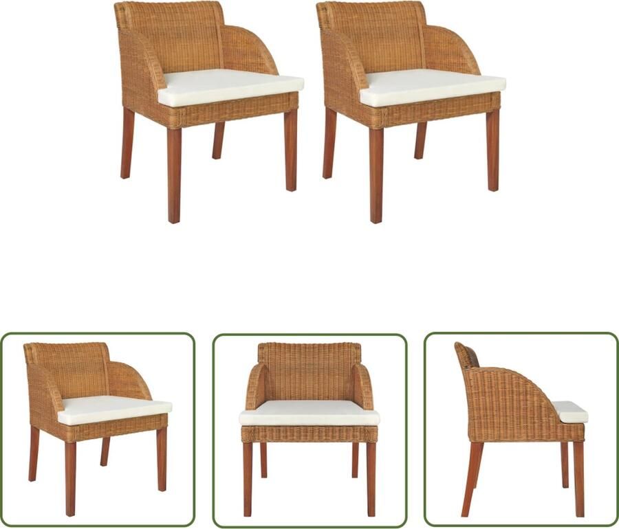 The Living Store Rattan Eetkamerstoelen 60x59x76 cm Lichtbruin Crèmewit kussen Eetkamerstoelen Rattan Meubels Houten Stoelen Bruine Stoelen Creme Witte Kussens - Foto 2