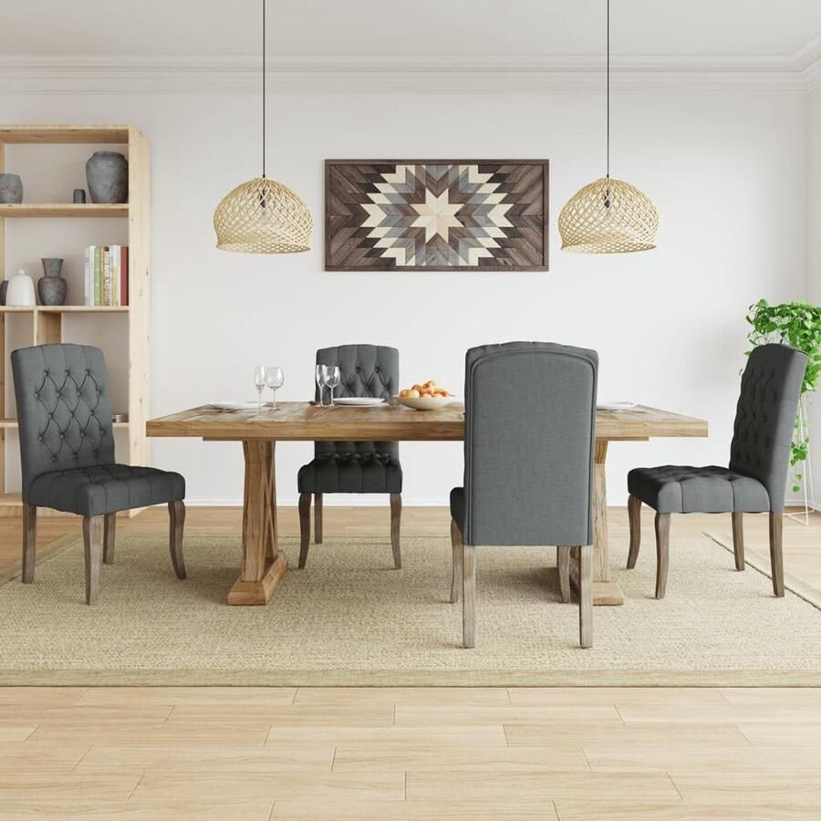 The Living Store Eetkamerstoel Set 50 x 58 x 103 cm Grijs linnen-look stof Massief rubberwood Eetkamerstoelen Linnen-look Grijze Stoelen Houten Stoelen Comfortabele Stoelen