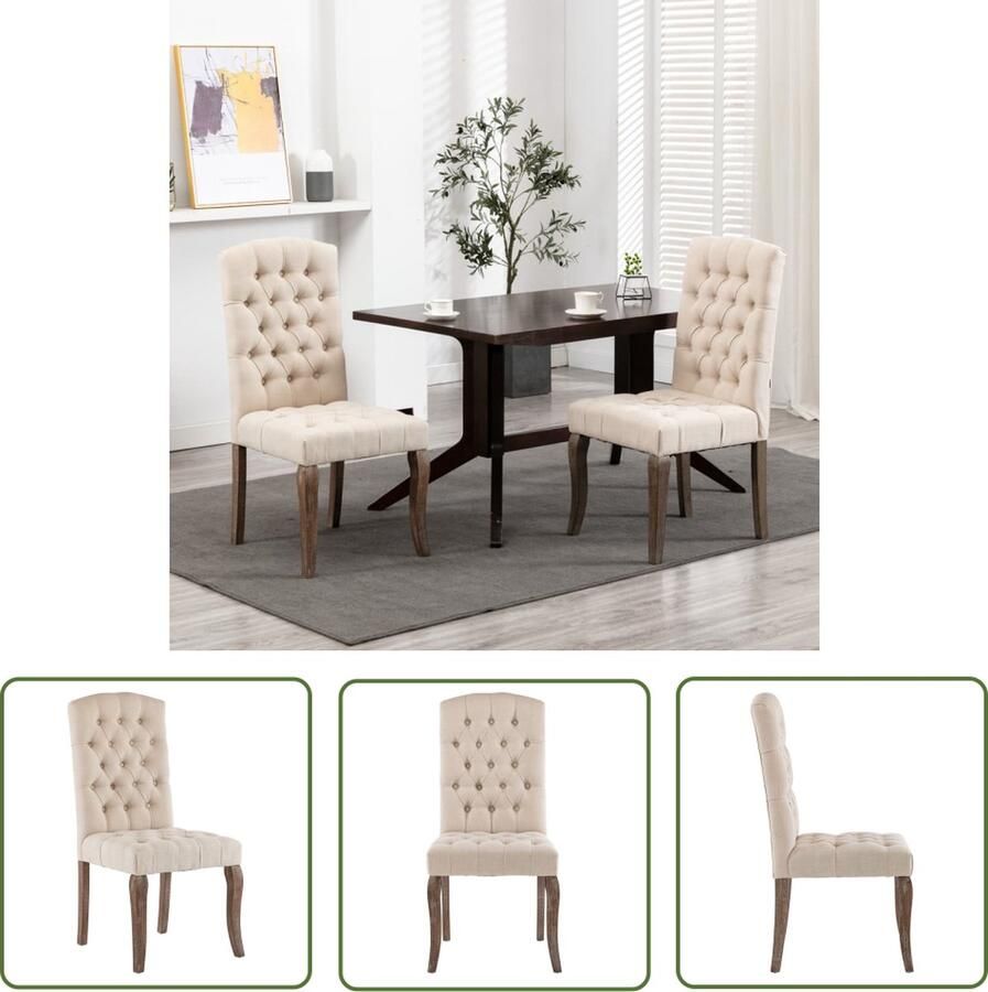 The Living Store Eetkamerstoelen 50 x 58 x 103 cm Linnen-look stof Eetkamerstoelen Linnen-look Beige Houten Poten Comfortabel Zitten - Foto 2