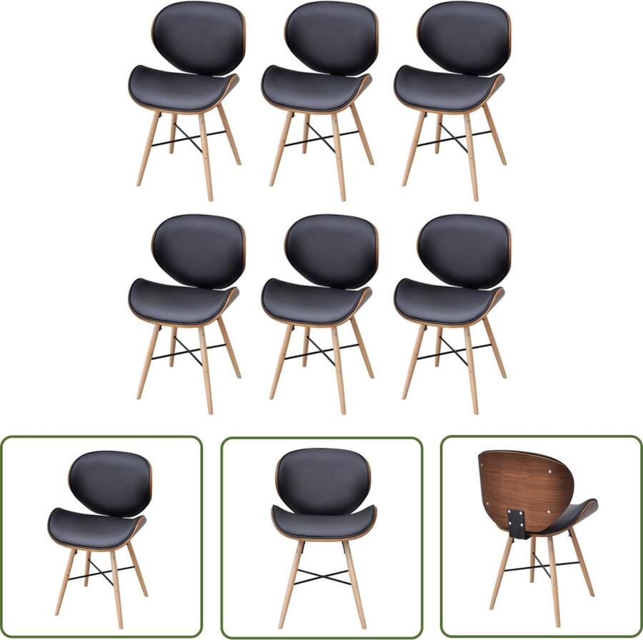 The Living Store Eetkamerstoelen Set van 6 Walnotenhouten frame Beukenhouten poten Kunstleren bekleding Zwart 50x50x81cm Eetkamerstoelen Zwarte Eetkamerstoelen Salontafel Houten Stoelen Kunstleder Meubels - Foto 2