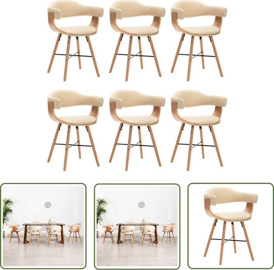 The Living Store Eetkamerstoelen Armleuning Set van 6 Kunstleer Crème 52.5x47x75.5 cm Gebogen hout beukenhoutâ Eetkamerstoelen Salontafels Design Meubilair Art Deco Vintage Meubels - Foto 2