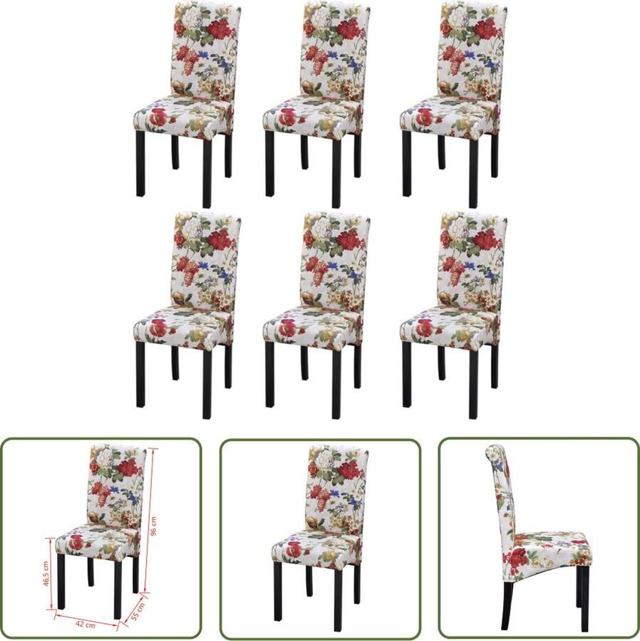 The Living Store Eetkamerstoelen Bloemmotief Set van 6 42x55x96 cm Eettafelstoelen Eetkamerstoelen Bloemenprint Witte Stoelen Set Van 6 Stoelen - Foto 2
