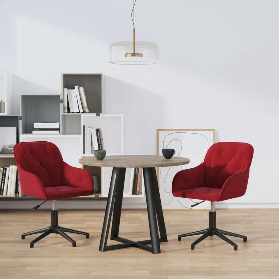 The Living Store Eetkamerstoelen Fluweel 56x61.5x72-80cm 360 graden draaibaar Wijnrood Eetkamerstoelen Fluweel Stoelen Rode Stoelen Draaibare Stoelen Ergonomische Stoelen - Foto 2