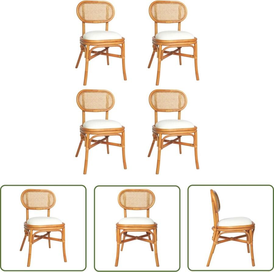 The Living Store Eetkamerstoelen Natuurlijk Rattan Crèmewit kussen Lichtbruin 46x53x83cm - Foto 2