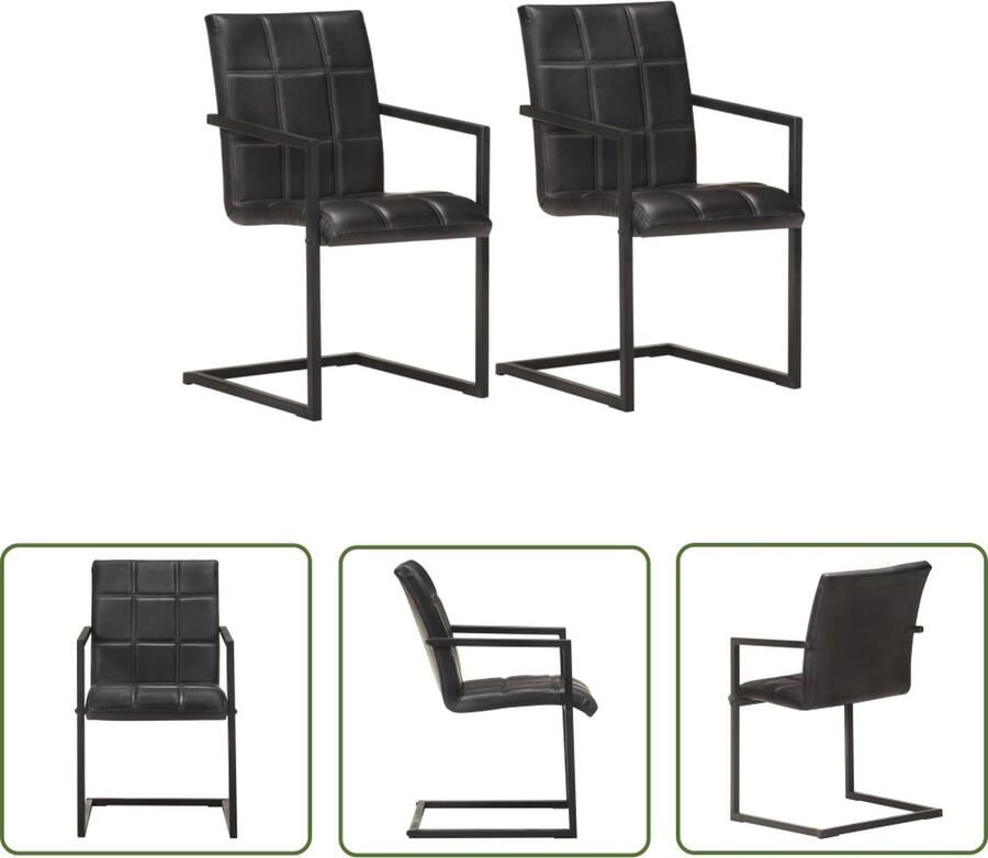 The Living Store Eetkamerstoelen Retro Echt Leer Zwart 51 x 56 x 91 cm Blokpatroon