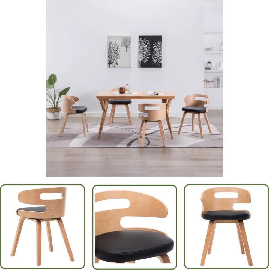 The Living Store Eetkamerstoelen Set van 4 Kunstleer Massief houten frame Zwart Lichtbruin 48x49x68cm Eetkamerstoelen Zwarte Stoelen Leren Stoelen Eetkamer Meubels Salontafel - Foto 2