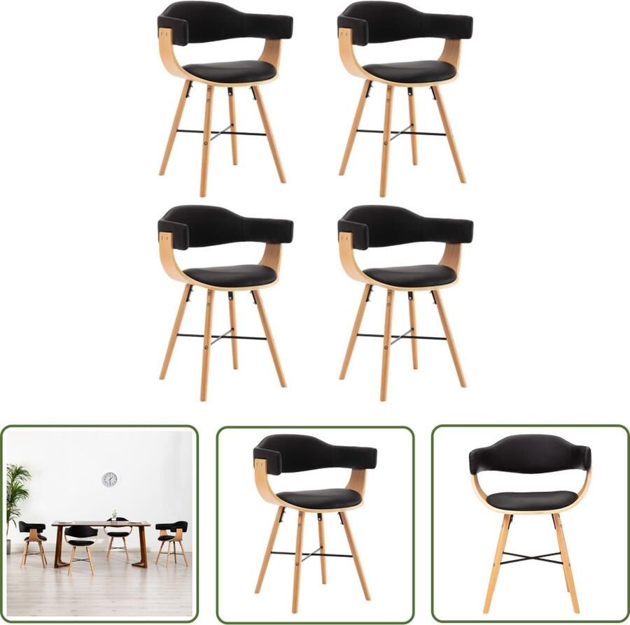 The Living Store Eetkamerstoelen Set van 4 Zwart Lichtbruin Gebogen houten frame 52.5 x 47 x 75.5 cm - Foto 2