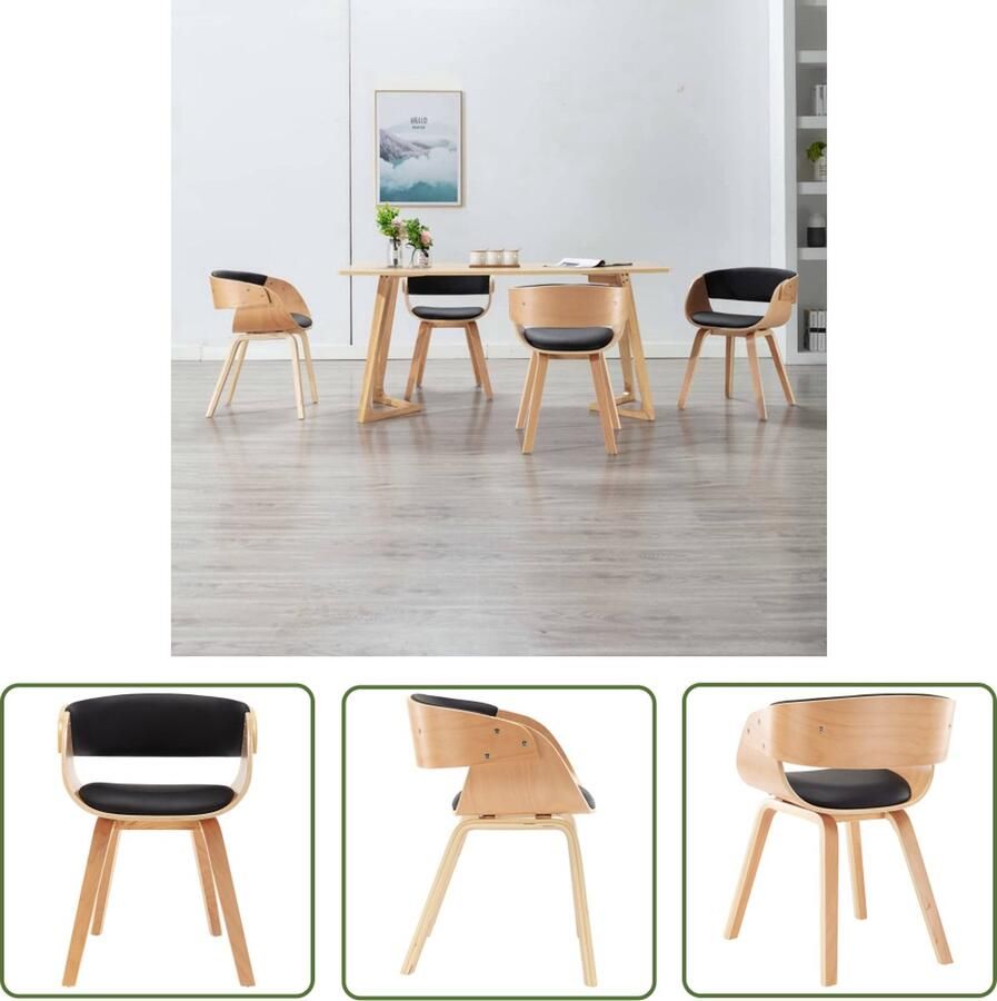 The Living Store Eetkamerstoelen Set van 4 Zwart Lichtbruin Kunstleer Hout 53x52x70cm Eetkamerstoelen Zwarte Eetkamerstoelen Kunstleder Eetkamerstoelen Set Salontafel - Foto 2