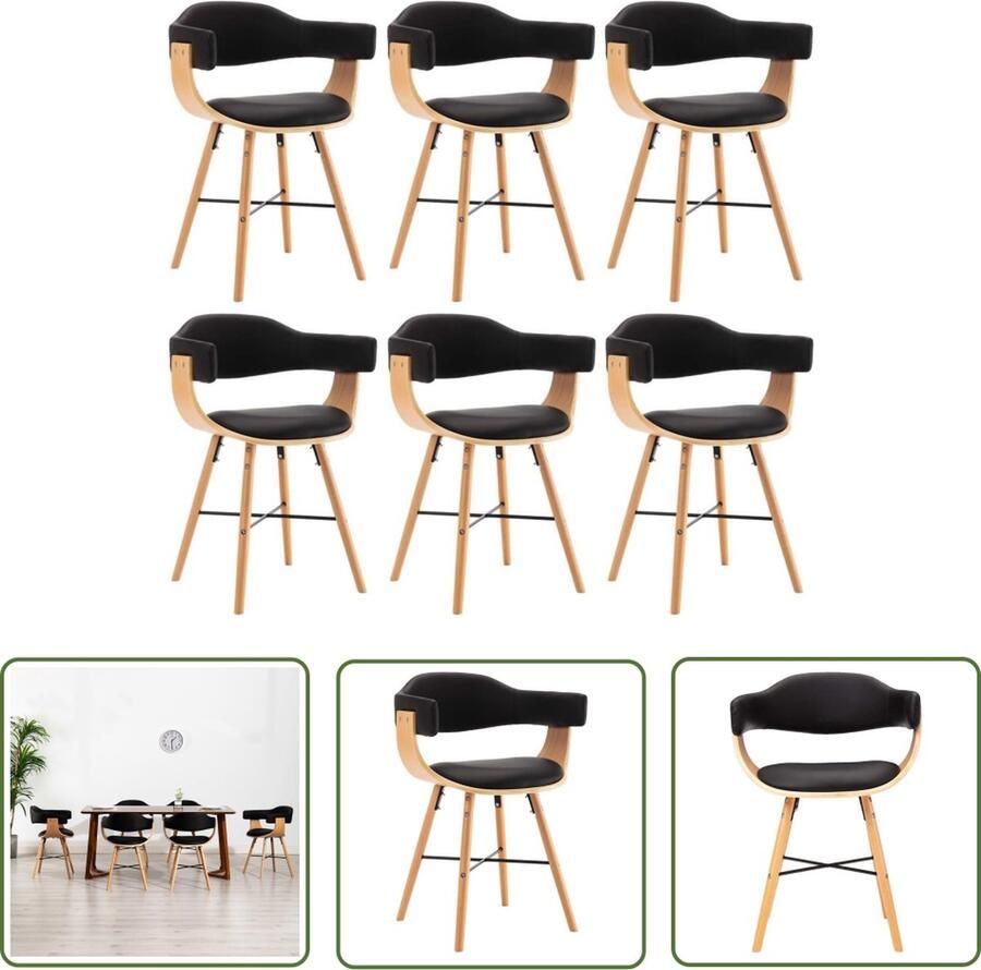 The Living Store Eetkamerstoelen Set van 6 Armleuningen Kunstleer Zwart lB 52.5 x D 47 x H 75.5 cm - Foto 2