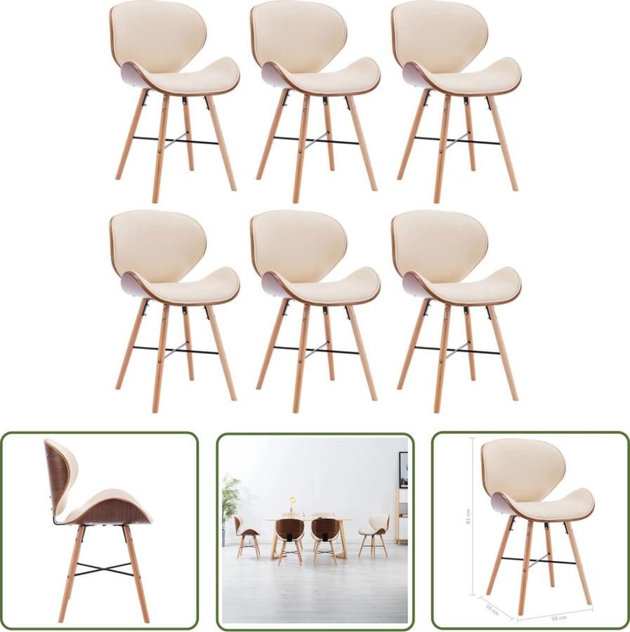 The Living Store Eetkamerstoelen Set van 6 Crème bekleding en donkerbruin frame Gebogen hout en beukenhout 50 x 50 x 81 cm (B x D x H) Zithoogte 50 cm Rugleuninghoogte 34 cm