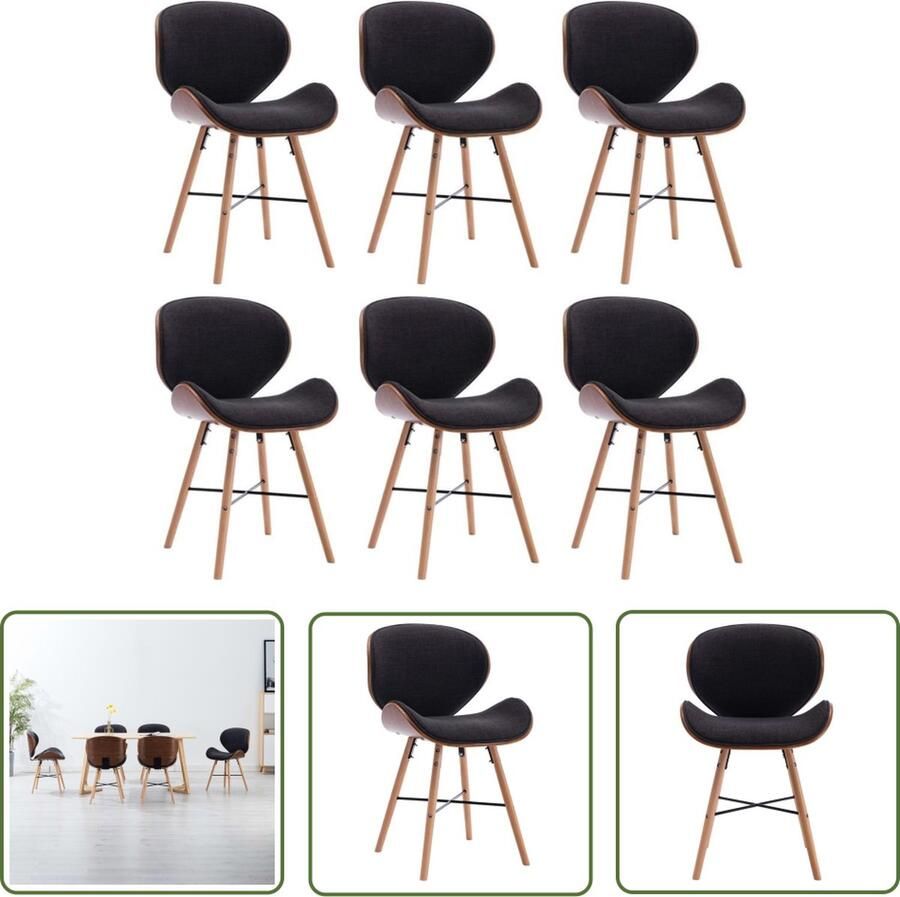 The Living Store Eetkamerstoelen Set van 6 Duurzame stof Comfortabel Gebogen houten frame Donkergrijs Donkerbruin - Foto 2