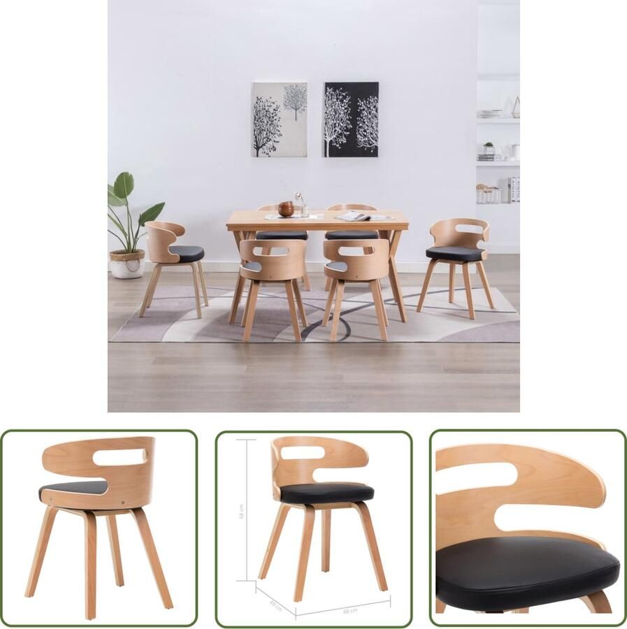 The Living Store Eetkamerstoelen 6 st gebogen hout en kunstleer zwart Eetkamerstoelen Zwarte Stoelen Kunstleder Meubels Moderne Stoelen Set Van 6 Stoelen - Foto 2