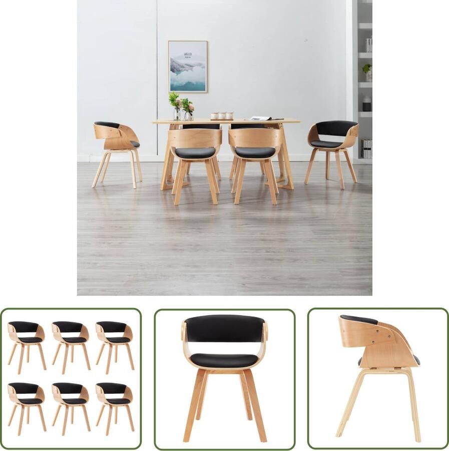 The Living Store Eetkamerstoelen Set van 6 Zwart en lichtbruin 53x52x70 cm Kunstleer en hout Eetkamerstoelen Zwarte Eetkamerstoelen Kunstleder Eetkamerstoelen Set Salon Meubels - Foto 2