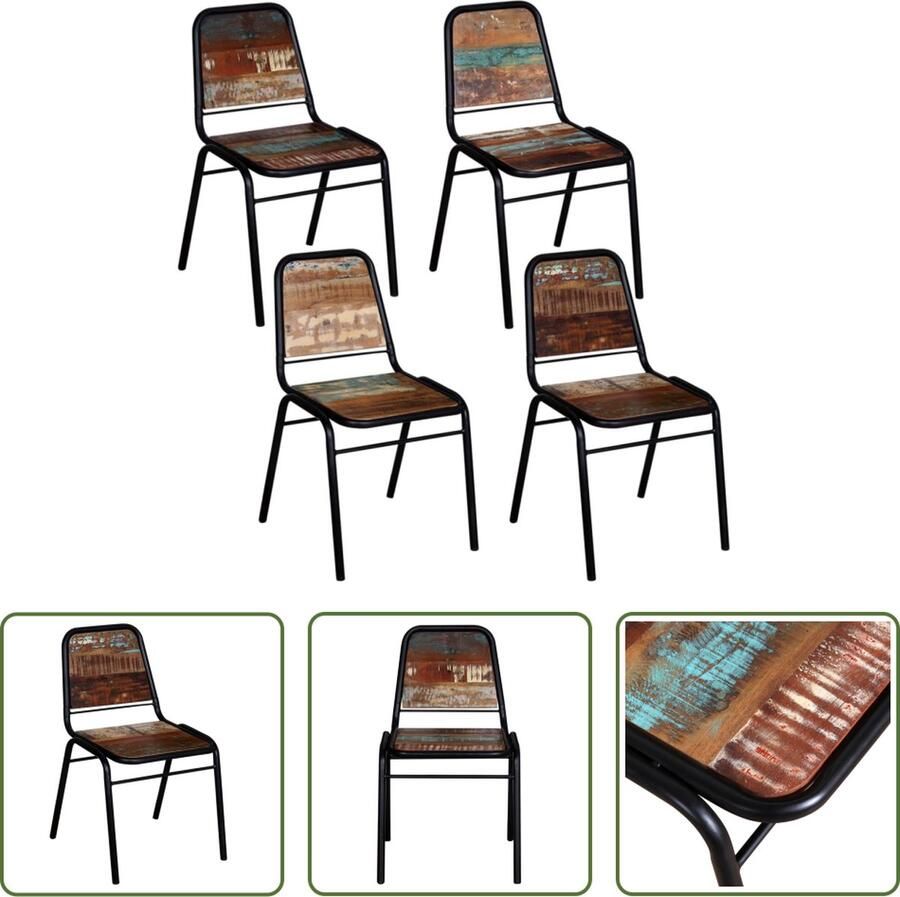 The Living Store Eetkamerstoelen Vintage stijl Massief gerecycled hout Gepoedercoat staal 44x59x89 cm Eetkamerstoelen Vintage Meubels Herbruikt Hout Industrieel Design Retro Stoelen - Foto 2