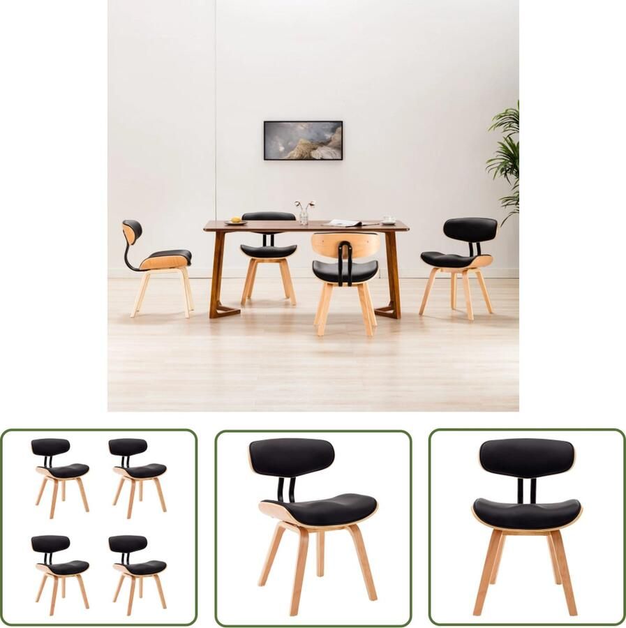 The Living Store Eetkamerstoelen 4 st gebogen hout en kunstleer zwart Eetkamerstoel - Foto 2