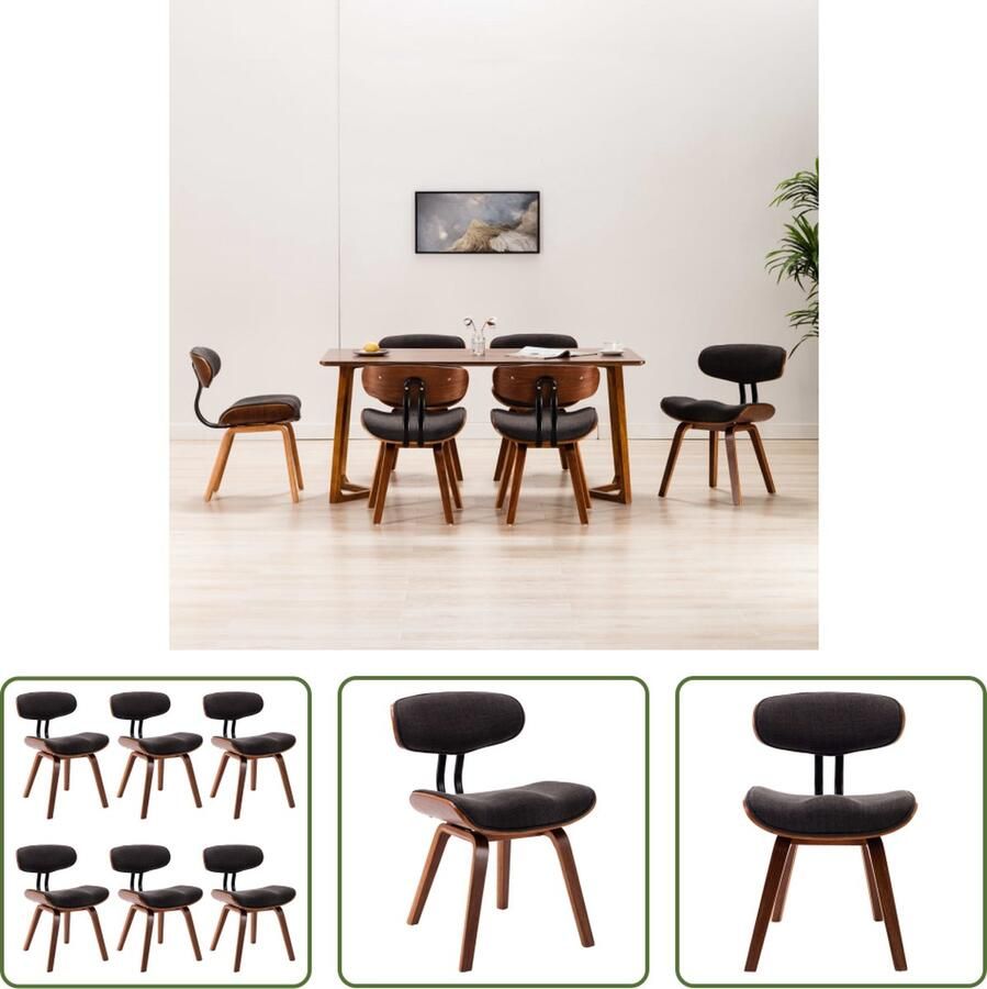 The Living Store Eetkamerstoelen 6 st gebogen hout en stof grijs Eetkamerstoel - Foto 2