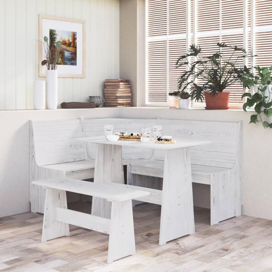 The Living Store Eetmeubelset Massief grenenhout Wit Hoekbank 151 x 118.5 x 85 cm Tafel 100 x 60 x 73 cm Bankje 92 x 28 x 43 cm Eetkamerstoel Hoekbank Eettafel Granenhouten Meubels Bruine Meubels - Foto 2