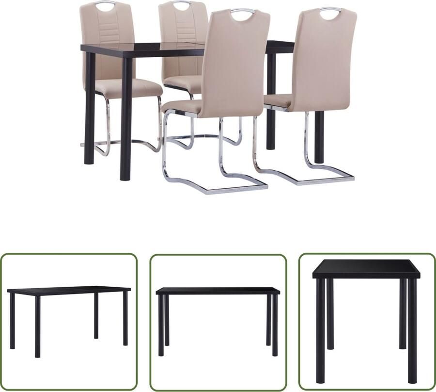 The Living Store Eetset Cappuccino Eettafel 140x70x75 cm 4x Eetkamerstoel Zwart Glazen Tafelblad Kunstleren Bekleding Stevig en Duurzaam Eenvoudige Montage - Foto 3