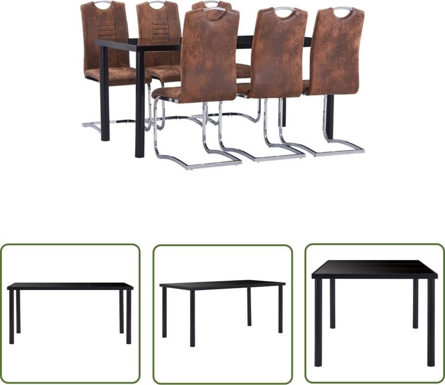 The Living Store Eetset Eettafel 6 stoelen Zwart Gehard glas en metaal Bruin Kunstsuède 160 x 80 x 75 cm 42 x 52 x 100 cm Eetkamerset Eettafel Eetkamerstoelen Salontafel Meubels