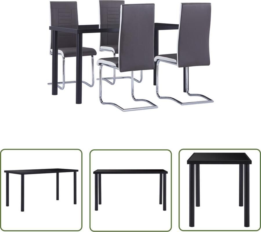 The Living Store Eetset Eettafel met gehard glazen tafelblad 140x70x75 cm zwart Met 4 grijze eetstoelen Eetkamerset Eettafel Eetkamerstoelen Zwarte Eettafel Grijze Stoelen - Foto 2