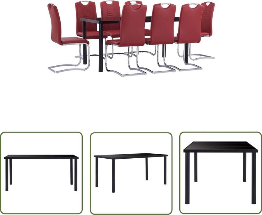 The Living Store Eetset Eettafel Rood 160 x 80 x 75 cm Gehard glas en metaal