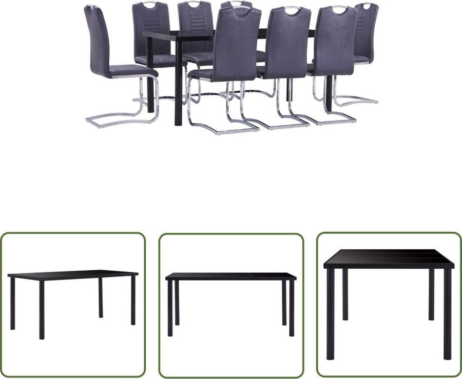 The Living Store Eetset Eettafel Zwart 160 x 80 x 75 cm Gehard glas en metaal 8 x Tuinstoel Grijs 42 x 52 x 100 cm Kunstsuède Staal Eetkamerset Eettafel Stoelen Zwarte Eettafel Grijze Stoelen - Foto 2