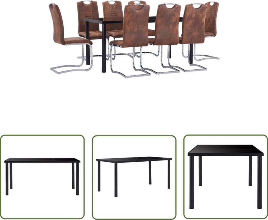 The Living Store Eetset Modern Tafel 160x80x75cm 8 Stoelen Zwart glas metaal Bruin kunstsuède staal Eetkamerset Eettafel Eetkamerstoelen Zwarte Eettafel Bruine Eetkamerstoelen