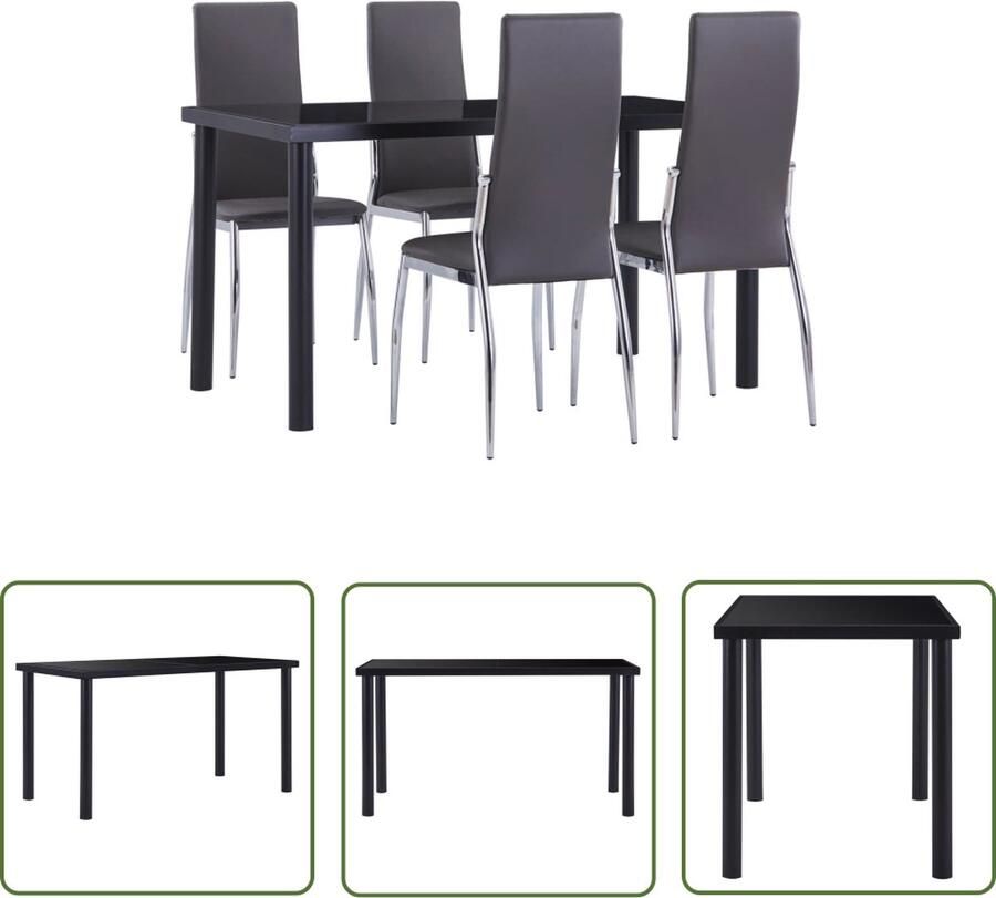 The Living Store Eetset Moderne Stijlvolle Eettafel en 4 Eetstoelen 140x70x75cm Zwart Gehard glas metaal kunstleer