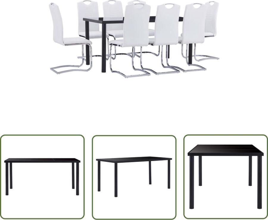 The Living Store Eetset Tafel en 8 Stoelen Zwart Glas en Metaal Wit Kunstleer 160x80x75cm Ergonomisch Eetkamerset Eettafel Eetkamerstoel Set Tafel En Stoelen Modern Meubilair
