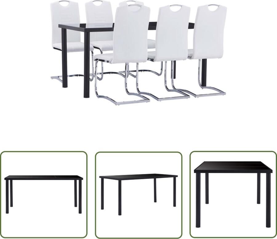 The Living Store Eetset Tafel Glas Metaal 160 x 80 x 75 cm Zwart 6 Stoelen Kunstleer Staal 42 x 52 x 100 cm Wit Eetkamerset Tafel Met Glazen Blad Metalen Tafelframe Eetkamerstoelen Kunstleder Meubilair