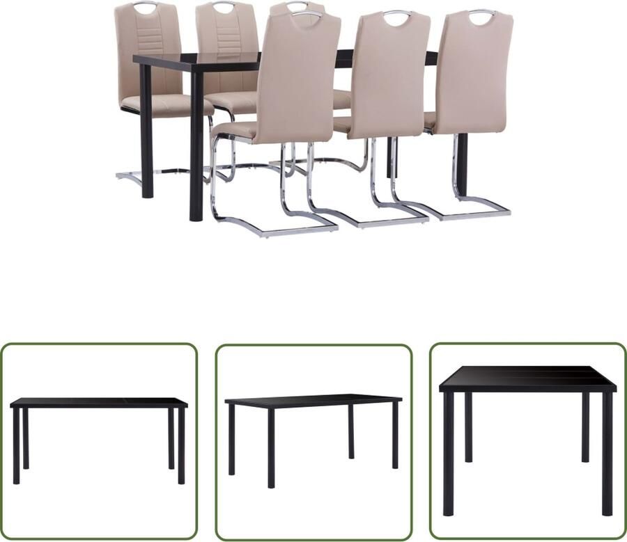 The Living Store Eetset Zwart Gehard glas en metaal 160 x 80 x 75 cm Cappuccino Kunstleer Eetkamerset Eettafel Eetstoelen Zwarte Eettafel Bruine Eetkamerstoelen