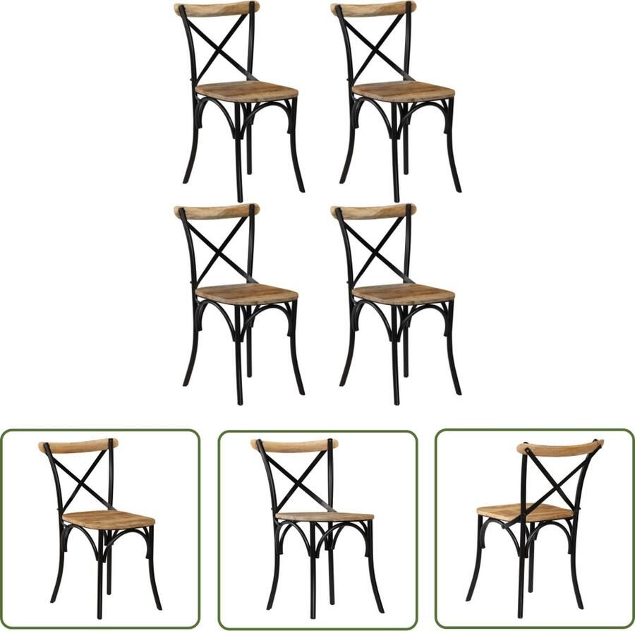 The Living Store Eetstoelen Mangohout Set van 6 Zwart 51x52x84 cm Stalen frame Eetkamerstoelen Mangohout Meubilair Zwarte Stoelen Vintage Stoelen Kruisstoelen - Foto 3