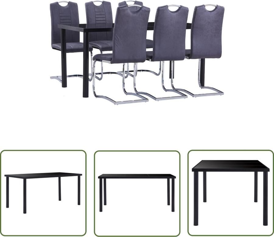 The Living Store Eettafel Set Zwart Gehard Glas Metaal 160x80x75cm 6 Stoelen Grijs Kunstsuède 42x52x100cm Eettafel Set Eetsalon Eetkamerset Salontafel Eetkamer Meubels - Foto 3
