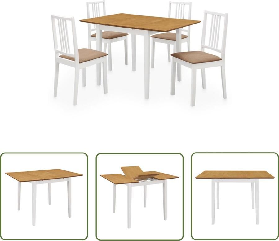 The Living Store Eettafelset wit en bruin (80-120) x 80 x 74 cm massief rubberwooden verlengbaar 4 Eetkamerstoelen wit en crème 100% polyester kussen 40 x 49 x 88.5 cm - Foto 2
