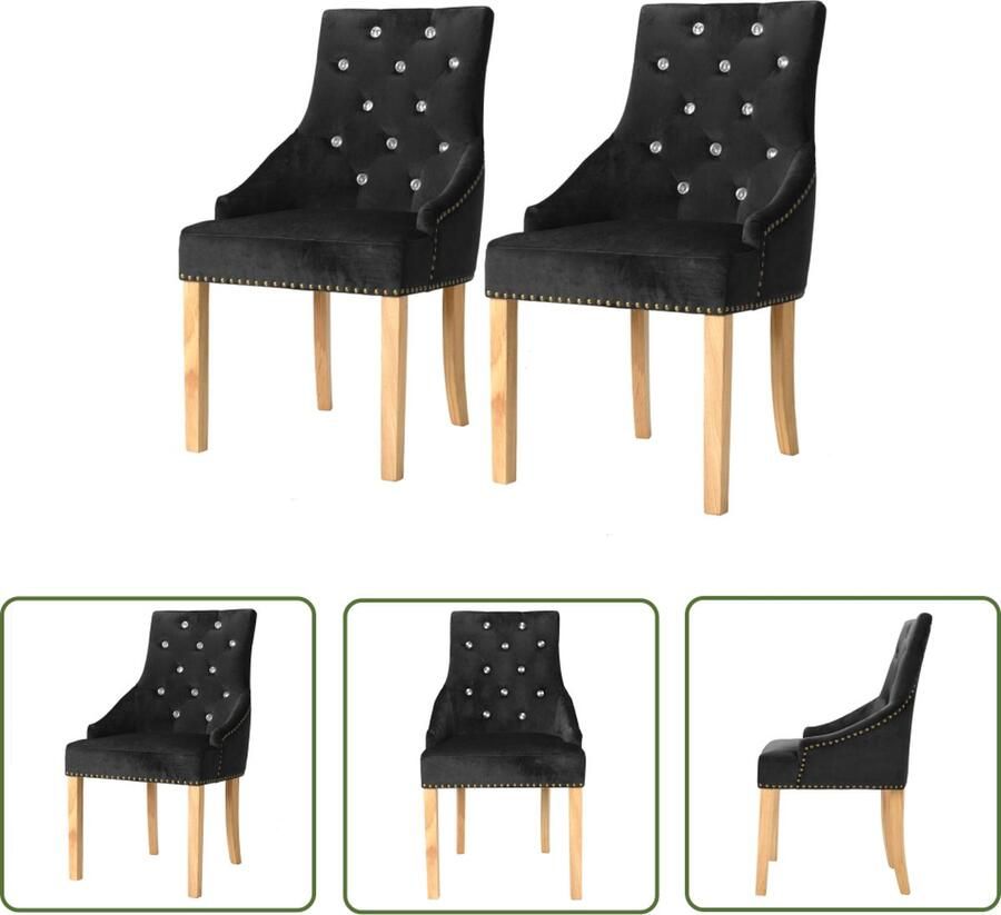 The Living Store Eikenhouten Eetkamerstoel Set 52x58x96 cm Fluweel Kristallen knopen Zwart - Foto 2