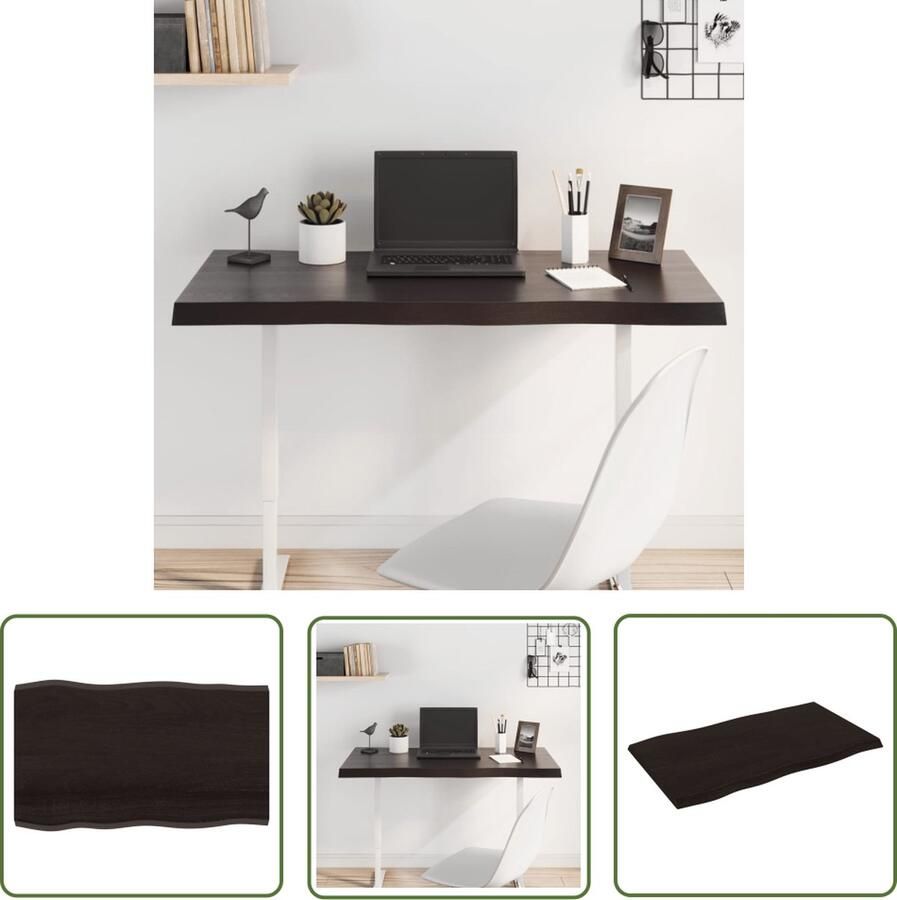 The Living Store Tafelblad natuurlijke rand 100x60x(2-4)cm eikenhout donkerbruin Eikenhouten Tafelblad Vervangen Salontafel Eetkamertafel Vintage Tafelblad - Foto 2