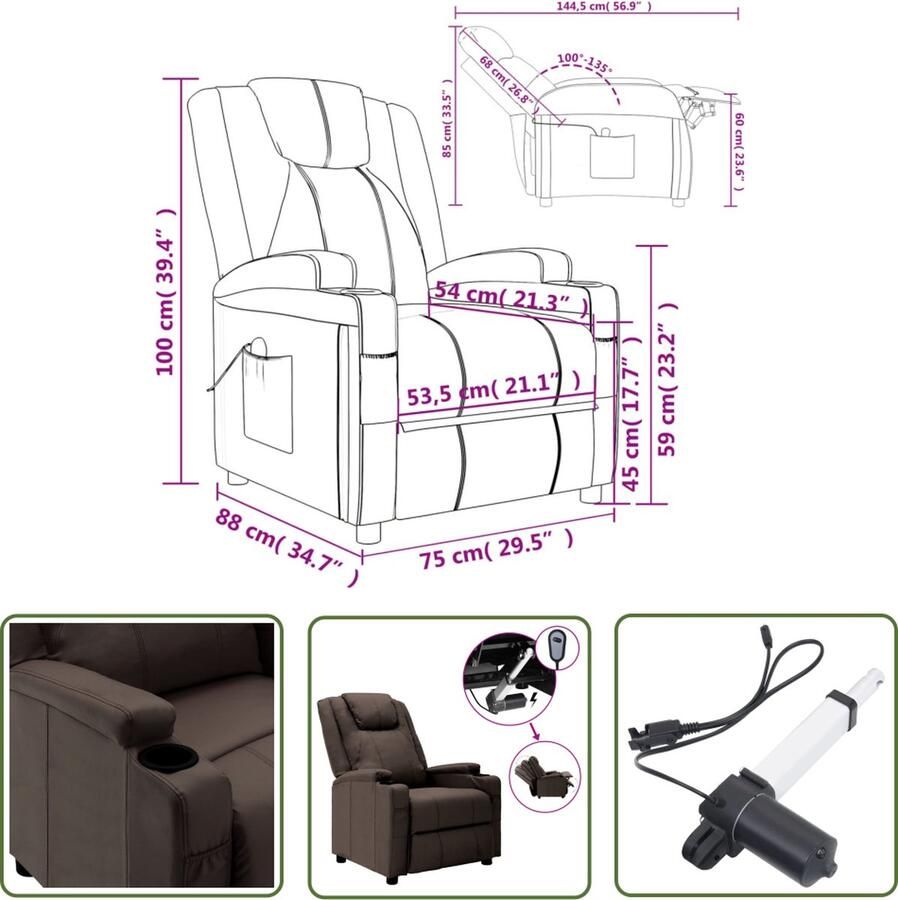 The Living Store Elektrische Leunstoel XXL Kunstleer 75 x 88 x 106 cm Bruin Elektrische Fauteuil Relaxfauteuil Loungestoel Lederlook XXL Fauteuil