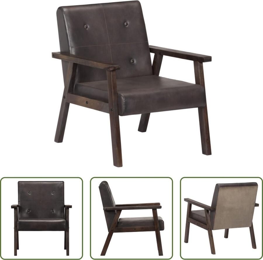 The Living Store Fauteuil Echt Leer Grijs 61x70x74 cm Massief Acaciahout Lederen Fauteuil Designfauteuil Lounge Stoel Woonkamer Meubels Comfortabele Stoel - Foto 2