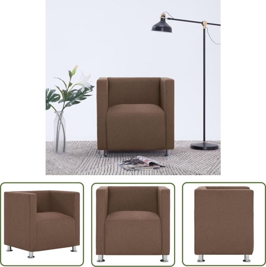 The Living Store Kubus Fauteuil Bruin 69x54x71cm Polyester bekleding Houten frame Verchroomde poten Kubus Fauteuil Bruin Fauteuils Modern Lounge Stoel Relaxfauteuil - Foto 2