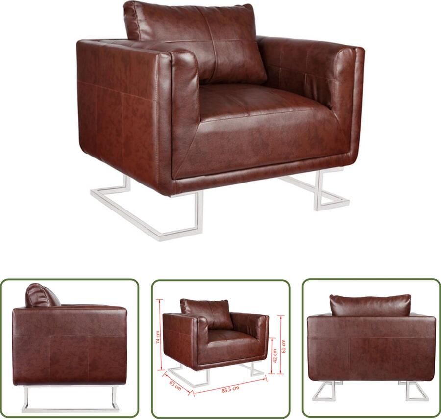 The Living Store Fauteuil Kubusvorm Leer-Composiet 85.5x63x74 cm Bruin Fauteuil Lederlook Bruin Lounge Zithoek - Foto 2