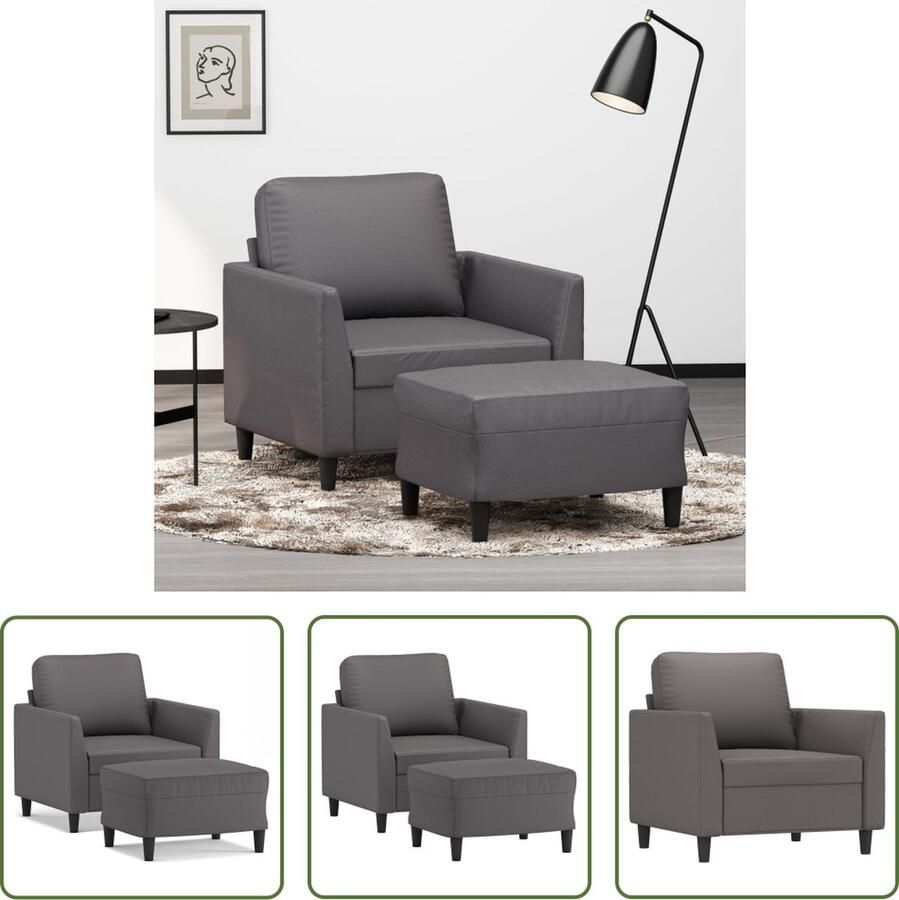 The Living Store Fauteuil met voetenbank 60 cm kunstleer grijs Fauteuil Lounge Stoel Kunstleder Meubilair Grijze Fauteuils Relax Stoel