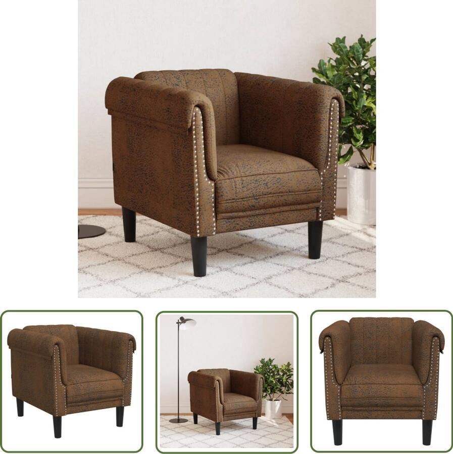 The Living Store Fauteuil kunstsuède bruin Fauteuil Designstoel Bruine Fauteuil Lederlook Fauteuil Lounge Stoel - Foto 2