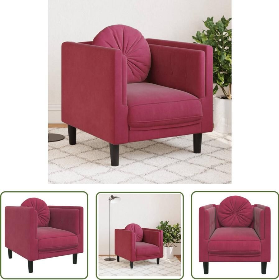 The Living Store Fauteuil met kussen fluweel wijnrood Fauteuil Fluweel Lounge Designstoel Woonkamerdecoratie - Foto 2