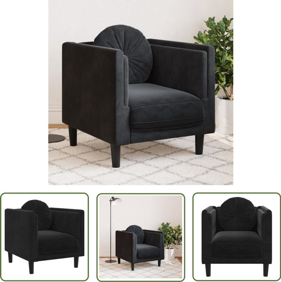 The Living Store Fauteuil met kussen fluweel zwart Fauteuil Fluweel Zwarte Fauteuil Designstoel Woonkamerdecoratie - Foto 2