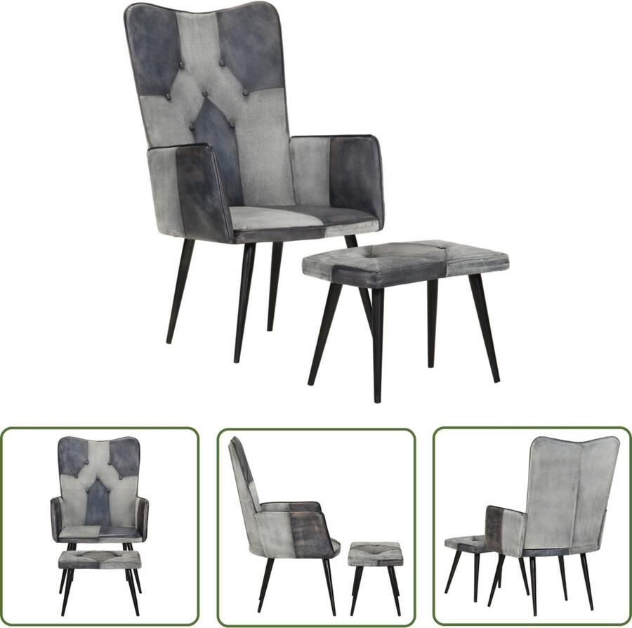 The Living Store Loungefauteuil met Voetenbank Grijs 55x43x97cm Echt leer Loungeset Fauteuils Lederen Meubels Grijze Bank Loungestoel