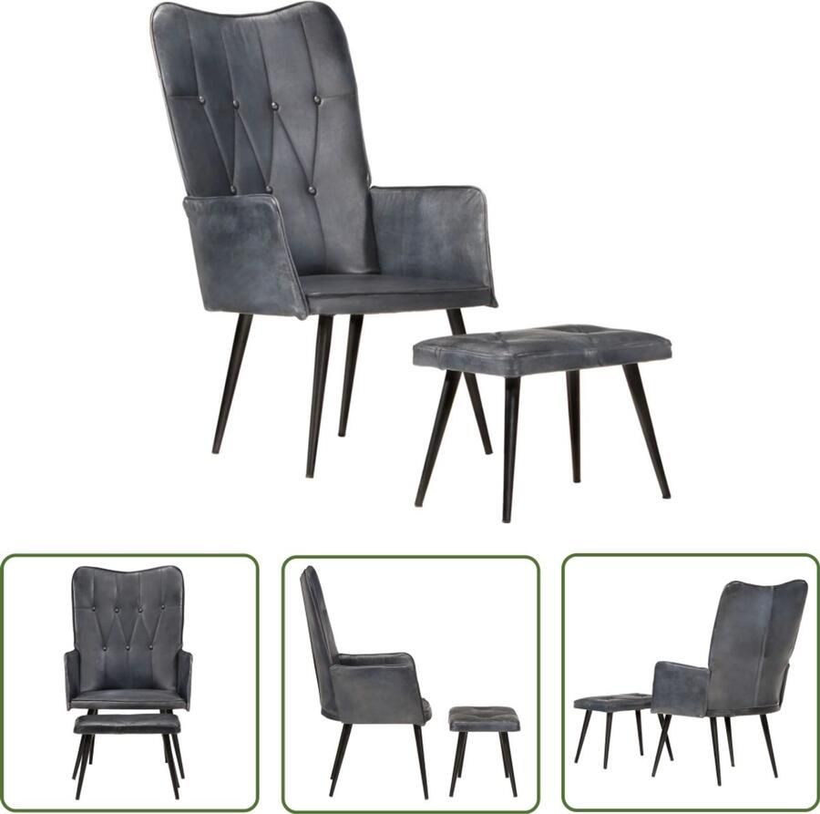 The Living Store Fauteuil met voetensteun echt leer grijs Armstoel Lederen Fauteuil Lounge Stoel Fauteuils Relaxfauteuil