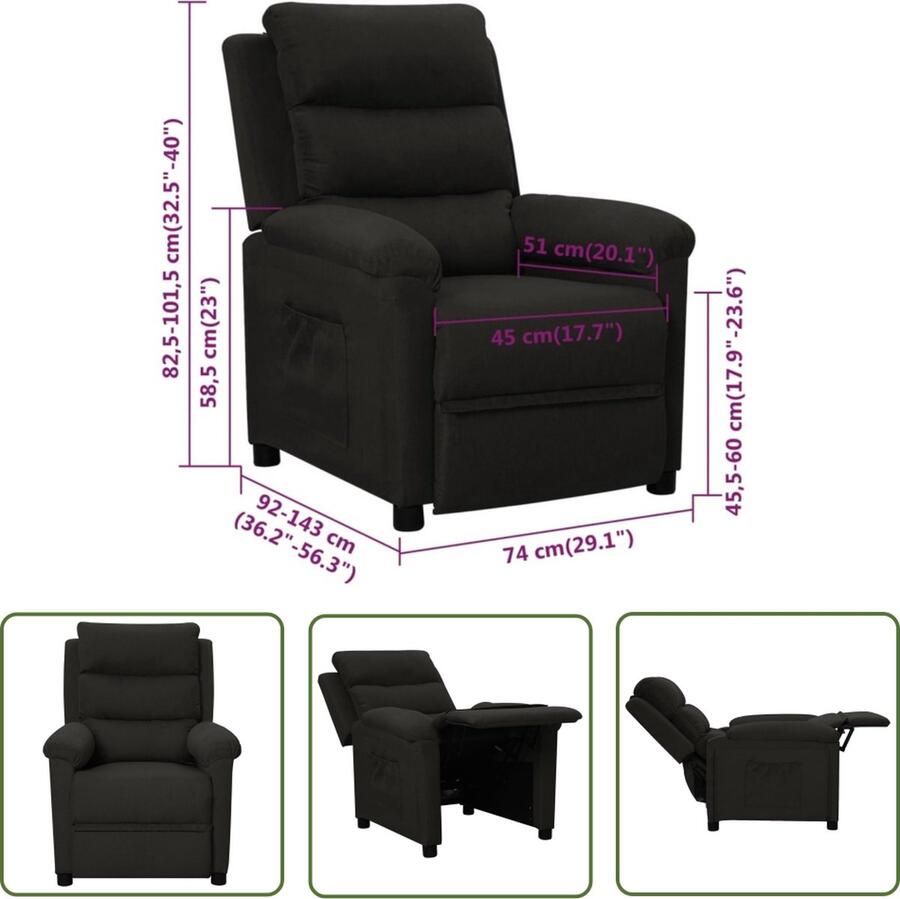 The Living Store Fauteuil Verstelbaar Zwart 74 x 143 x 82.5 cm Verstelbare Fauteuil Relaxfauteuil Loungestoel Leesfauteuil Fauteuiltje - Foto 2