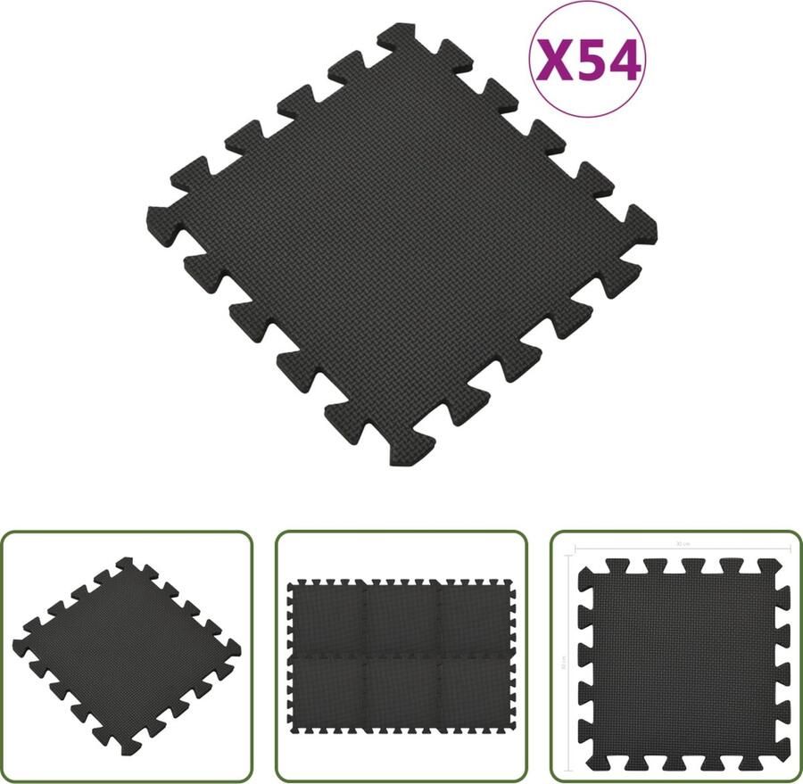 The Living Store Fitness Vloermatten 30x30x1 cm EVA-schuim Zwart 54 stuks Fitnessvloermat Sportschijven Oefenmat Yogamat Vloerverwarming