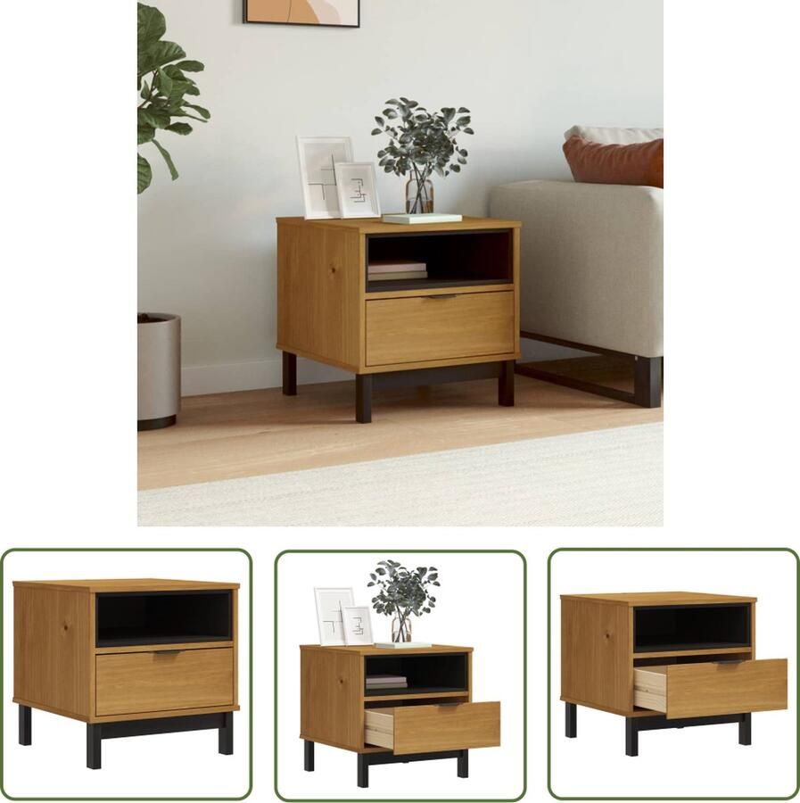 The Living Store FLAM Bijzettafel 50 x 50 x 50 cm Massief grenenhout Met lade en open vak Bruin Bijzettafel Salontafel Houten Bijzet Tafeltje Bruine Bijzettafel Grenenhout - Foto 2