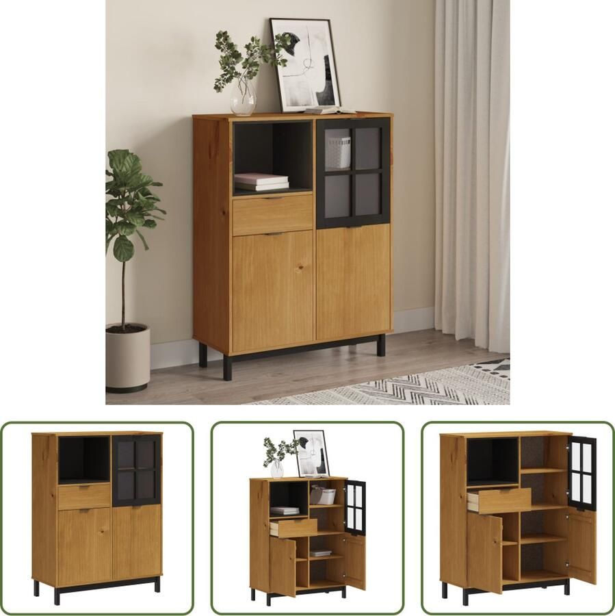 The Living Store Hoge kast met glazen deur FLAM 92x40x122 5 cm grenenhout Hoge Kast Boekenkast Opslagoplossing Eiken Kleur Grenenhout